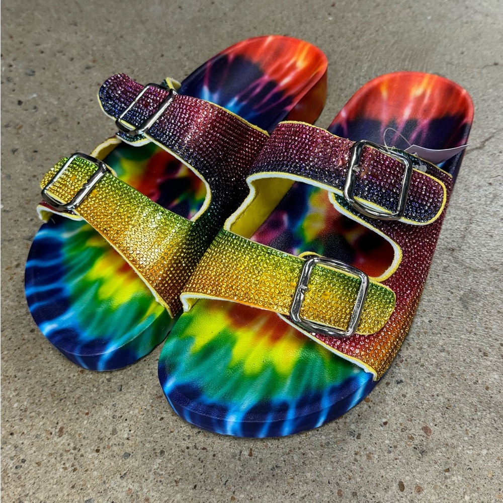 Tie die rainbow bling slide sandals